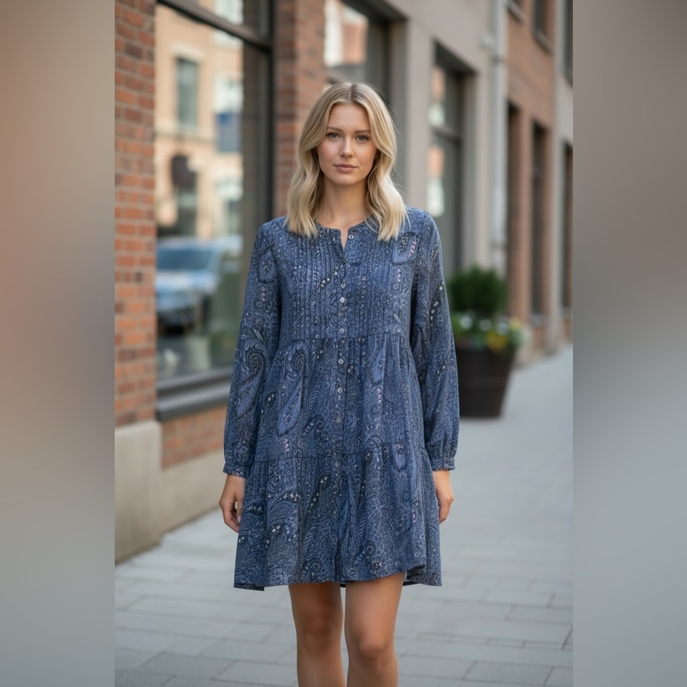 Lucky Brand Navy Paisley Tiered Midi Dress